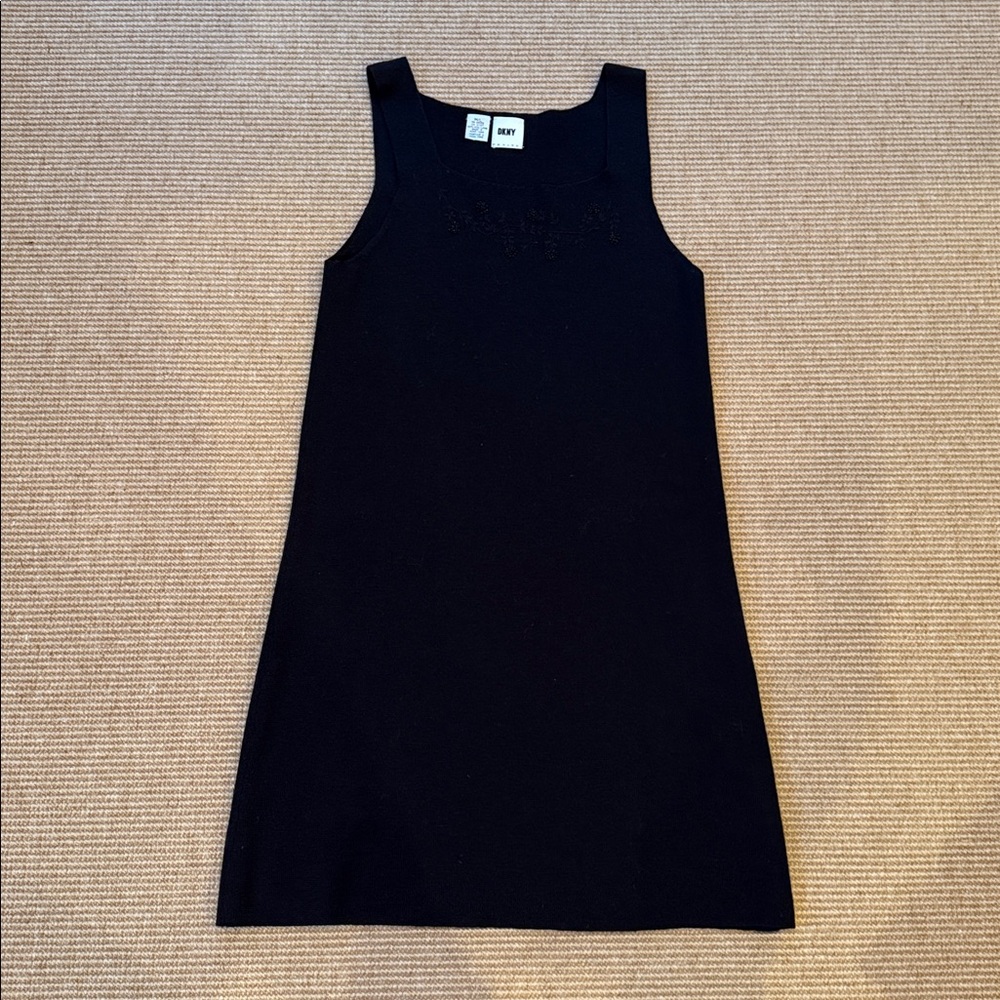 DKNY Little Black Dress 100% Wool w/ Subtle Beading & Embroidery at Neck